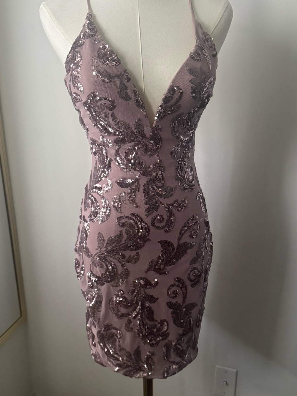 Sequin Embroidered V-Neck Bodycon Dress in Mauve
